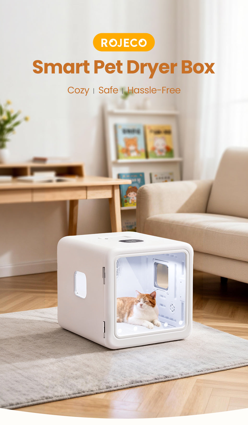 Ovin UK ROJECO smart pet dryer box — 70L capacity, 4 modes, UV sterilisation — smart pet dryer box.